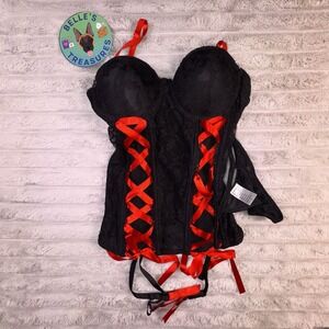 Hot Topic 34B Bust Black Red Lace Up Corset Bustier Thong Lingerie Dark Romantic